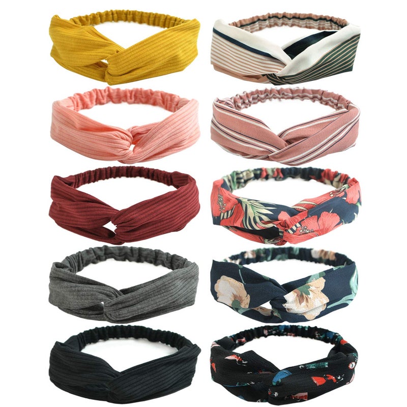 DRESHOW 10 Pack Boho Headbands for Women Vintage Cross Elastic Head Wrap Hair Accessories - Image 1